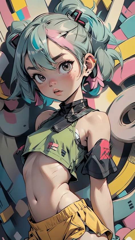 Miku Hatsune, underboob, shirt,((flat chested, flat stomach, baby face)), (intense colors)