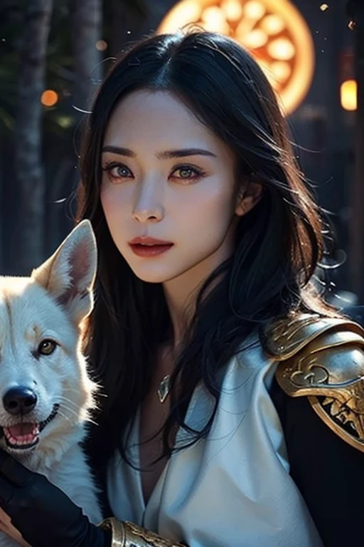 A beautiful woman with red eyes、Posing for an elegant photo with a giant white fox, arpino,Gray Hair,Face to face, Ultra-realistic, Clear images, (highest quality,4K,8k,High range,Master Parts:1.2),Ultra-detailed,(Realistic,Realistic,Photorealistic:1.37),Victoria Beckham,sexy,hide, Warrior,Ornate Armor,Fighting the Dragon,night,Burning Forest,Vibrant colors,Portrait,Sharp focus,Beautiful and fine details,Beautiful lip detail,Highly detailed eyes and face,Long eyelashes,Bright sword light,Spooky atmosphere,Burning Destruction,Brave pose,Exquisite details,Majestic,strength and power