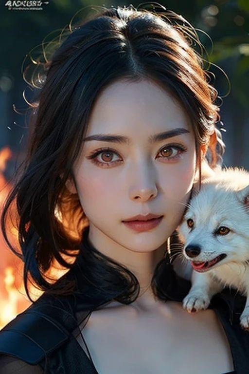 A beautiful woman with red eyes、Posing for an elegant photo with a giant white fox, arpino,Gray Hair,Face to face, Ultra-realistic, Clear images, (highest quality,4K,8k,High range,Master Parts:1.2),Ultra-detailed,(Realistic,Realistic,Photorealistic:1.37),Victoria Beckham,sexy,hide, Warrior,Ornate Armor,Fighting the Dragon,night,Burning Forest,Vibrant colors,Portrait,Sharp focus,Beautiful and fine details,Beautiful lip detail,Highly detailed eyes and face,Long eyelashes,Bright sword light,Spooky atmosphere,Burning Destruction,Brave pose,Exquisite details,Majestic,strength and power