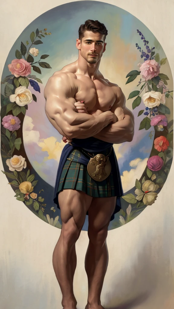 A full body portrait of an extremely strong and handsome 25s years old man wearing only a short kilt, strong arms and nude chest, highly detailed painting, portrait, artwork by William-Adolphe Bouguereau, tom of finland, Gaston Bussiere, Alphonse Mucha, ethereal, poetic pastoral