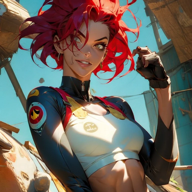 ((( corpo inteiro )))Batgirl hair red, master part, best quality, super detalhe, 8k, mulher linda, Tank Girl com cara de maluca, sorriso malicioso , (((corpo inteiro))), cabelo moicano, garota punk, post-apocalyptic world, ((  do tanque )), Nijistyle, roupas rasgadas e sujas, moicano curto, sides of shaved head, rosto limpo, corpo inteiro