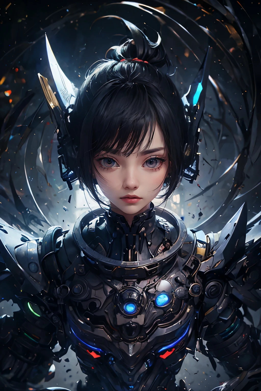 CG Mecha, Beautiful Eyes, ((Two people))、Upper Body, （Mechanic Armor）、40ＭＭPhotographed with a lens, Portraiture,jet suit、fly in the sky、patrol、 official、perfection、Neon Light, 8K, born, highest quality, Tabletop, 超A high resolution, colorful, (medium wide shot), (Dynamic Perspective), Sharp focus , (Depth of written boundary, bokeh:1.3), Highly detailed eyes and face,Ninja Artist, Beautiful fine details、iron, Trim Gear:1.2), ((Tabletop, highest quality)), Detailed Background, Inside the spaceship、Grab your weapon、（Gray Hair）、blue eyes、ponytail、Borne luminescence、Crescent Moon、Fantasy,masterpiece,Plug in、spectrum、confusion、Large robots、kaleidoscope、detailed gear