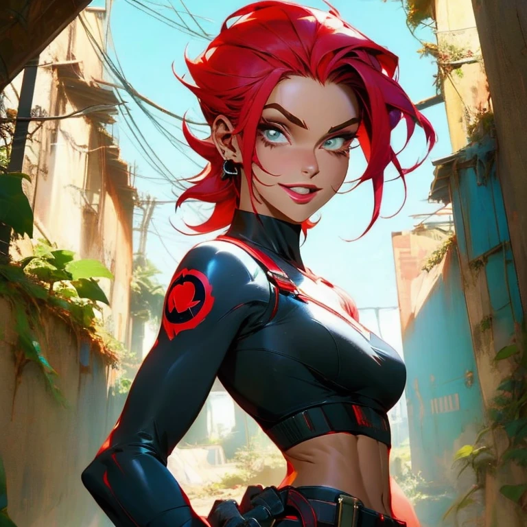 ((( corpo inteiro )))Batgirl hair red, arma gigante, master part, best quality, super detalhe, 8k, mulher linda, Tank Girl com cara de maluca, sorriso malicioso , (((corpo inteiro))), cabelo moicano, garota punk, post-apocalyptic world, ((  do tanque )), Nijistyle, roupas rasgadas e sujas, moicano curto, sides of shaved head, rosto limpo, corpo inteiro