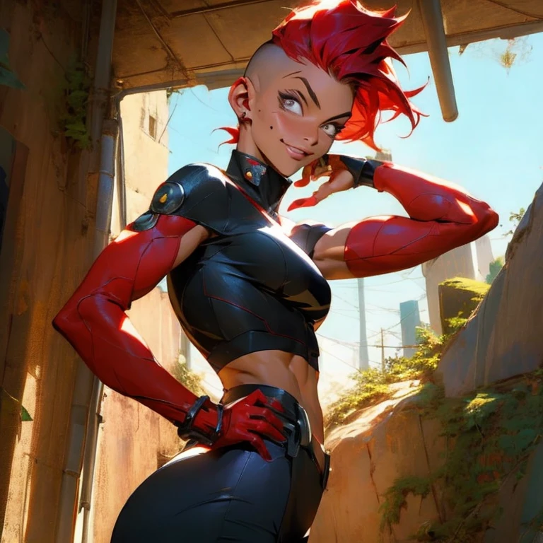 ((( corpo inteiro )))Batgirl hair red, arma gigante, master part, best quality, super detalhe, 8k, mulher linda, Tank Girl com cara de maluca, sorriso malicioso , (((corpo inteiro))), cabelo moicano, garota punk, post-apocalyptic world, ((  do tanque )), Nijistyle, roupas rasgadas e sujas, moicano curto, sides of shaved head, rosto limpo, corpo inteiro