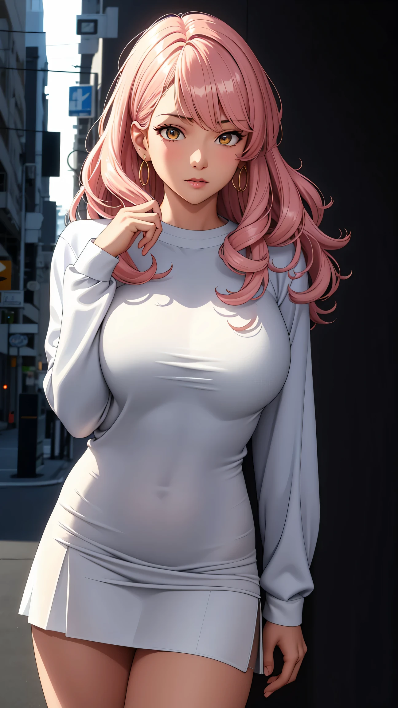 (best quality:1.5, highres, UHD, 4K, detailed lighting, shaders), white curly floral haired, gradient hair, large breasts, suit, T-shirt, social shirt, short skirt, mature woman , (pov), white background, colorful eyeshadow, dramatic lighting, sparkling eyes, sensual expression, golden earrings, flowing hair, delicate facial features, brown skin, high cheekbones, urban setting, black background, dont look for the camera, lean forward,  behind  the camera