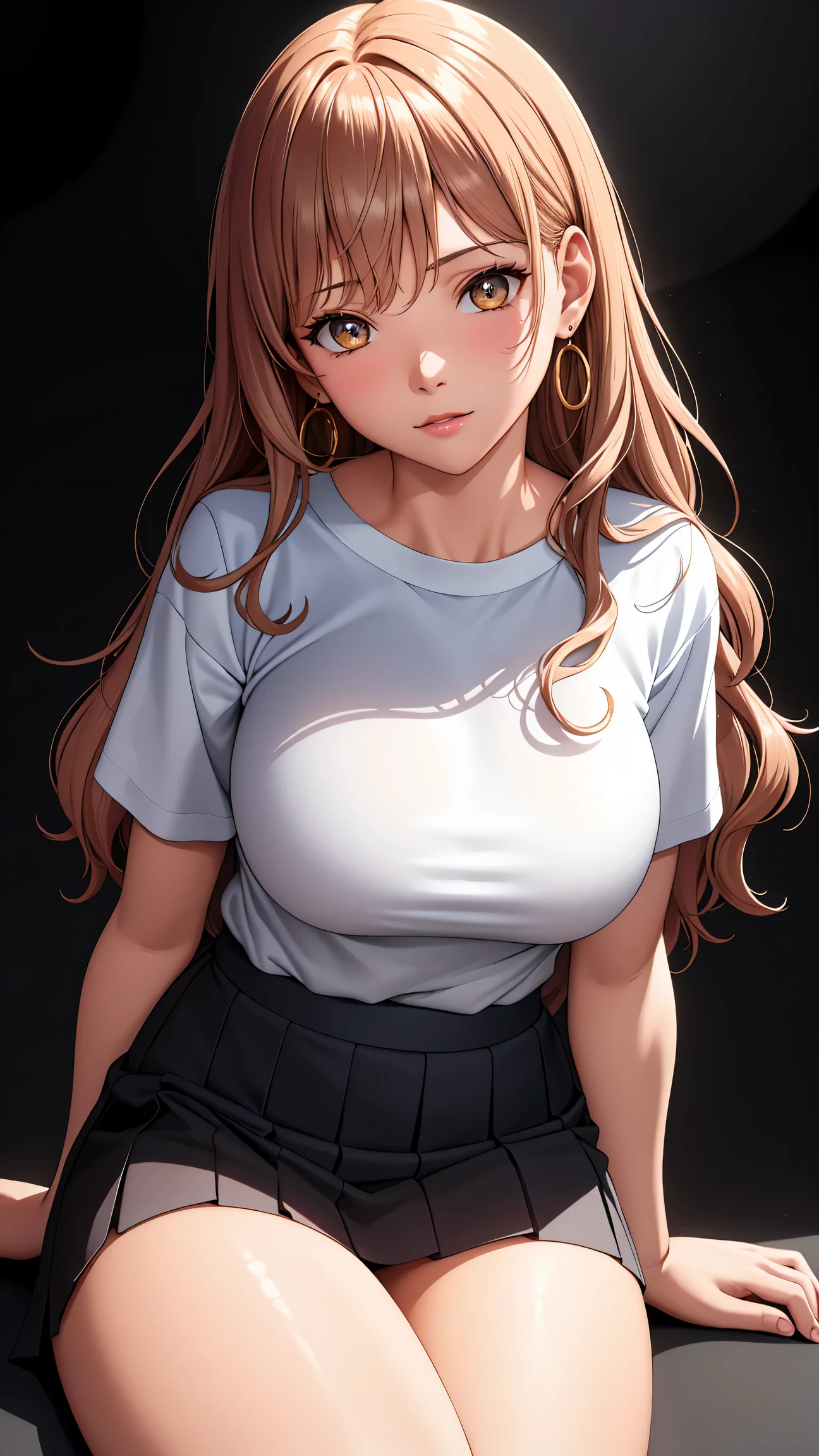 (best quality:1.5, highres, UHD, 4K, detailed lighting, shaders), white curly floral haired, gradient hair, large breasts, suit, T-shirt, social shirt, short skirt, mature woman , (pov), white background, colorful eyeshadow, dramatic lighting, sparkling eyes, sensual expression, golden earrings, flowing hair, delicate facial features, brown skin, high cheekbones, urban setting, black background, dont look for the camera, lean forward, sitting on a chair upside down,  behind  the camera