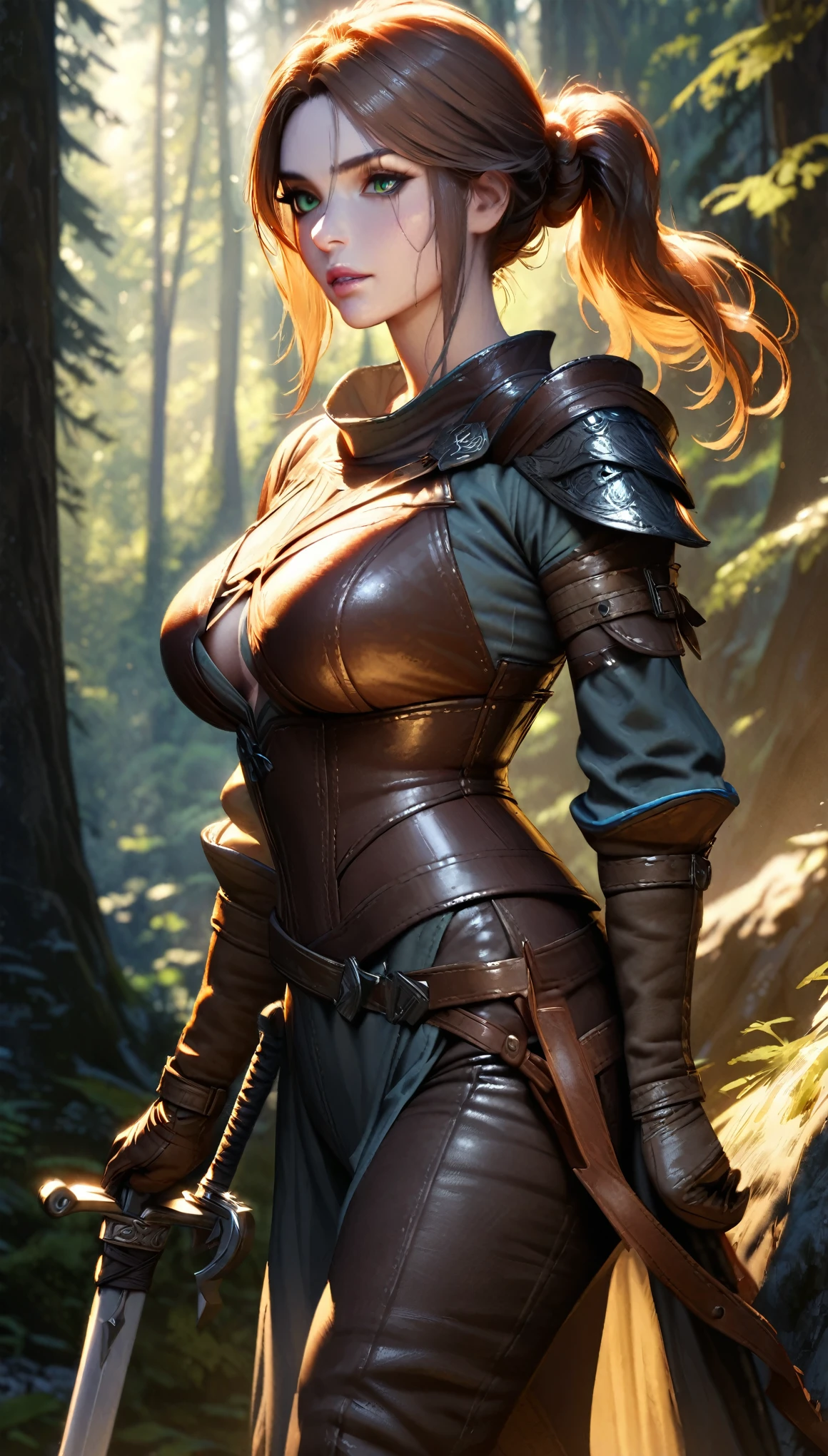 Masterpiece, highest quality, ultra detailed, realistic, beautiful european woman, brown hair tied in ponytail, green eyes, (large breasts), leather armor, sword at her side, cinematic lighting, forest background, fantasy