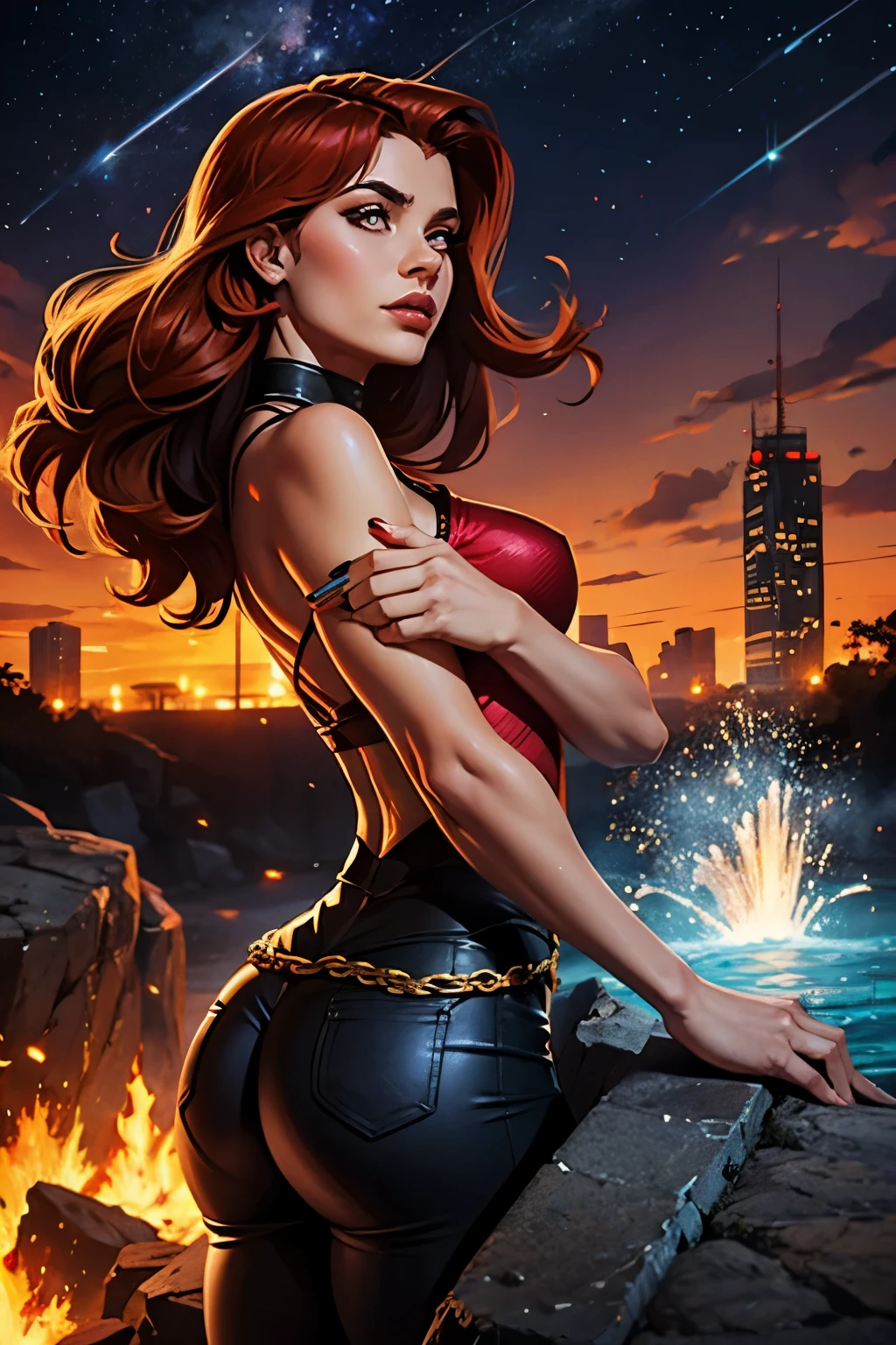 mulher,Lina, cabelo curto, voando sobre a cidade, fogo, brilho vermelho