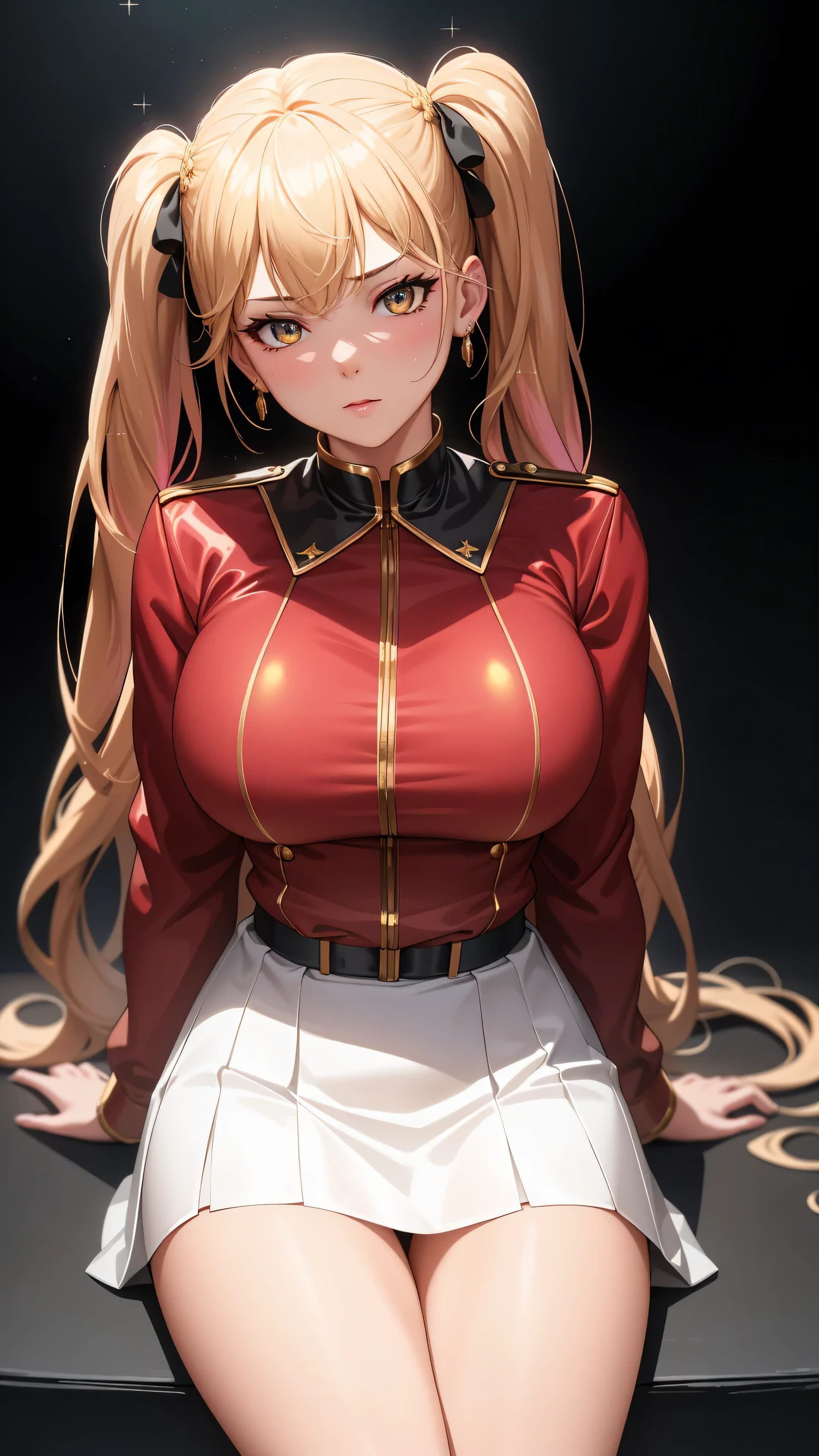 (best quality:1.5, highres, UHD, 4K, detailed lighting, shaders), gold braided twintails haired, gradient hair, large breasts,red suit, white T-shirt, white short skirt, mature woman , (pov), black background, colorful eyeshadow, dramatic lighting, sparkling eyes, sensual expression, golden earrings, braided twintails hair, delicate facial features, soft skin, high cheekbones, urban setting, black background, dont look for the camera, sitting on a chair upside down,  behind  the camera