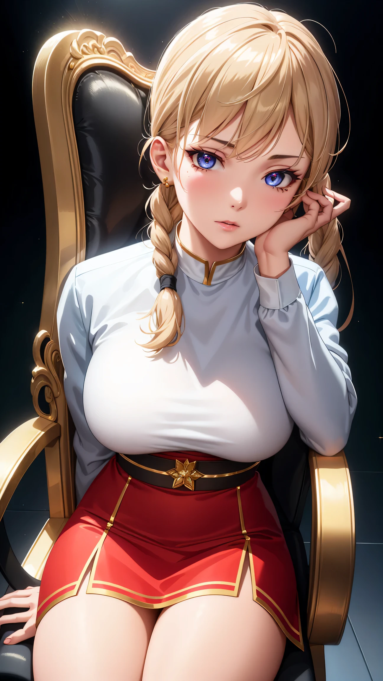 (best quality:1.5, highres, UHD, 4K, detailed lighting, shaders), gold braided twintails haired, gradient hair, large breasts,red suit, white T-shirt, white short skirt, mature woman , (pov), black background, colorful eyeshadow, dramatic lighting, sparkling eyes, sensual expression, golden earrings, braided twintails hair, delicate facial features, soft skin, high cheekbones, urban setting, black background, dont look for the camera, sitting on a chair upside down,  behind  the camera