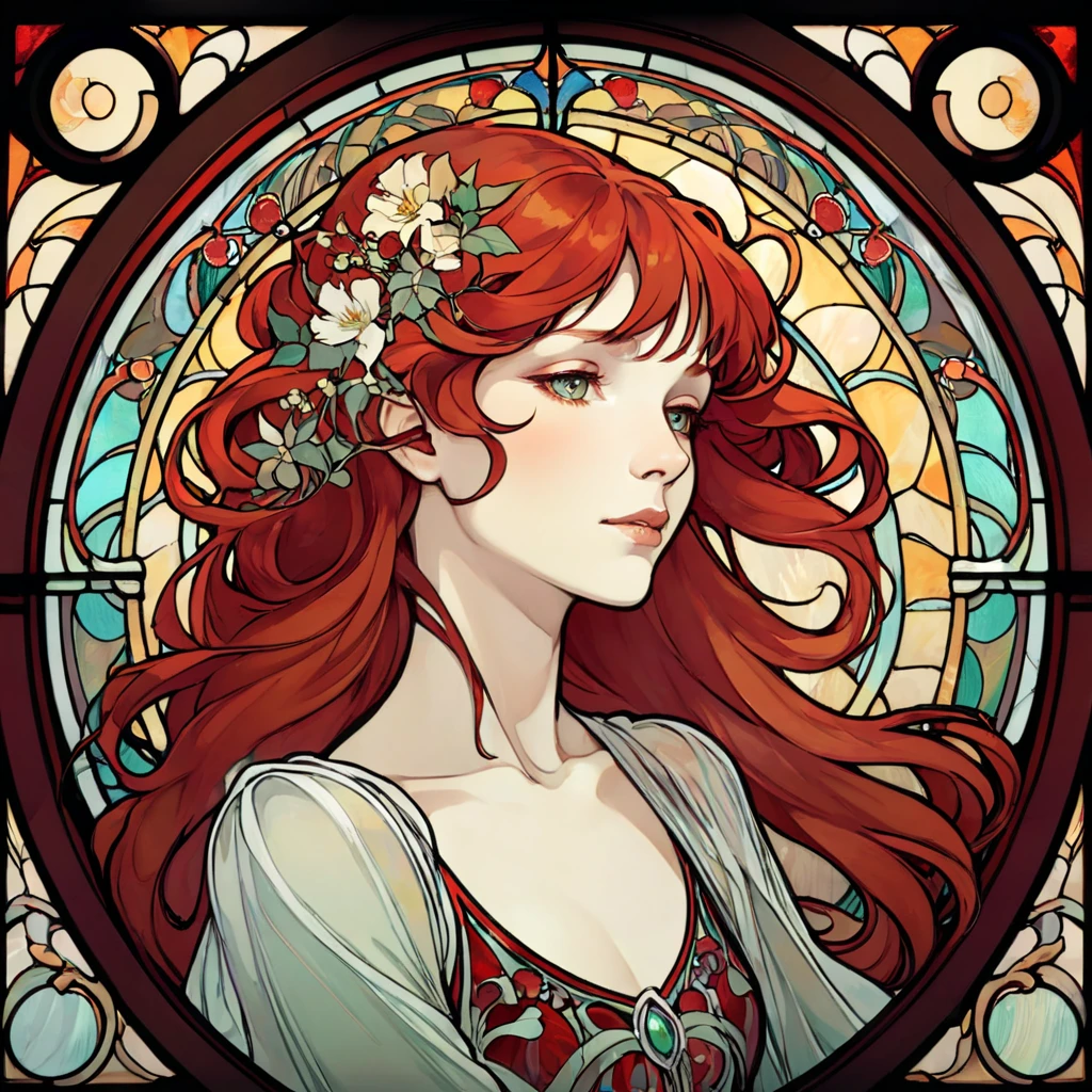 An elegant Art Nouveau stained glass portrait of a woman with flowing red hair and intricate floral patterns, in the style of Alphonse Mucha&#39;s iconic works.