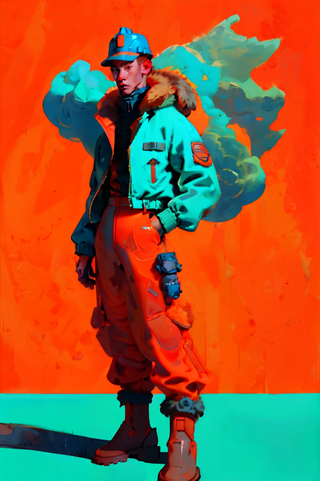 full body image, (ultra detailed,ultra high res,detailed background),((2D)),((flat color)),((muted color)), 1solo, looking at viewer, baggy flight suit, large fur collared bomber jacket, (big red galoshes), plush collar, full body image, square helmet, ((smokey blue background)), ((apocalyptic city)), entire body in frame, 