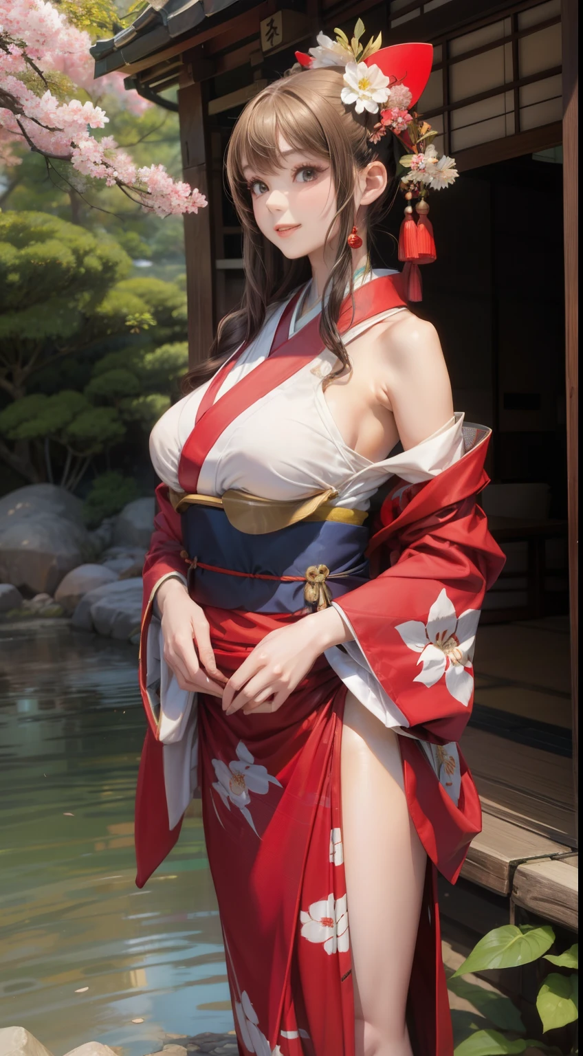Outdoor、Japanese garden、Young woman wearing a kimono、Big Breasts、Slender、Second dimension beautiful girl、Perfect figure、Perfect beauty、smile