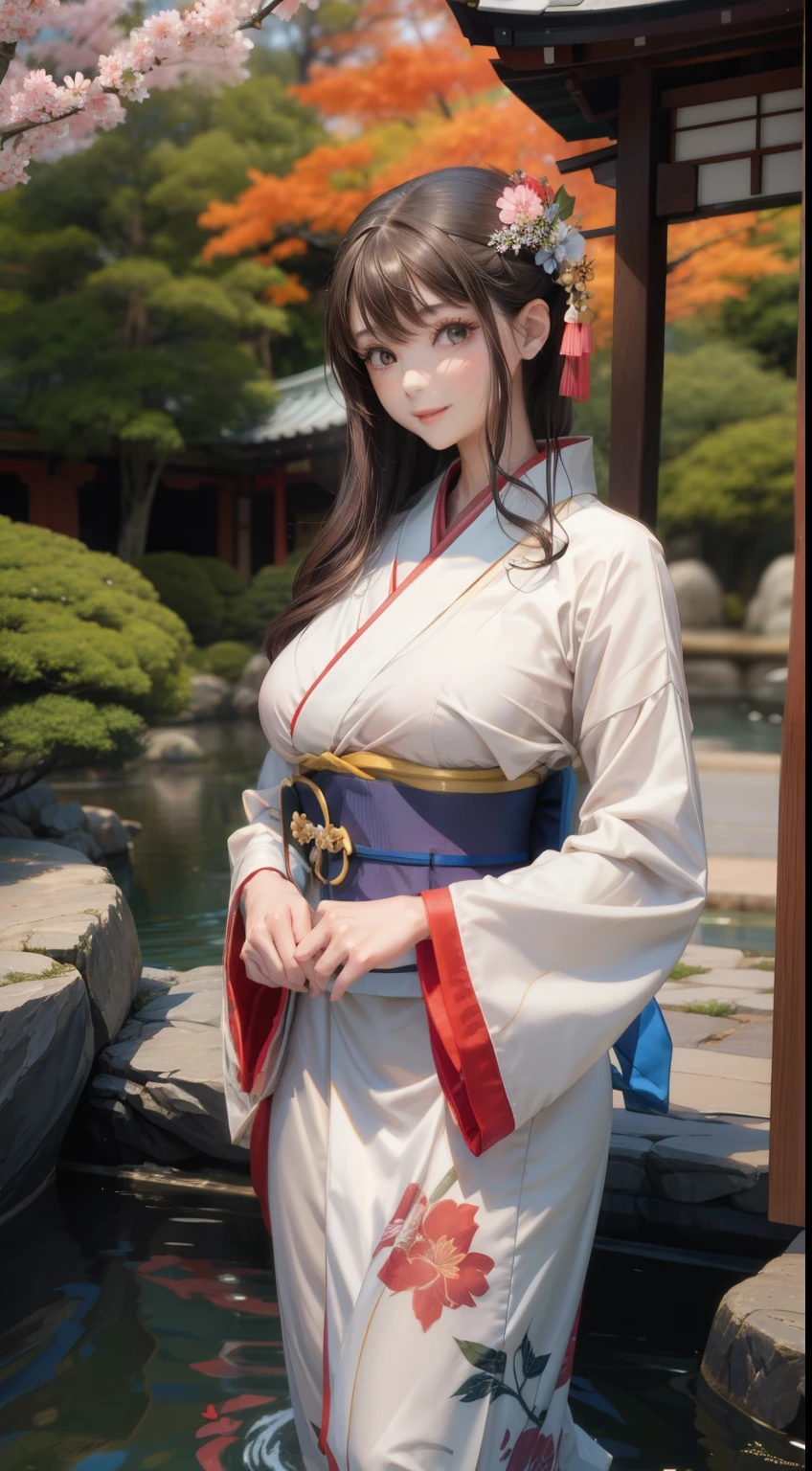 ar livre、Jardim japonês、Mulher jovem vestindo um quimono、seios grandes、delgado、Linda garota de segunda dimensão、Figura perfeita、Beleza perfeita、sorriso