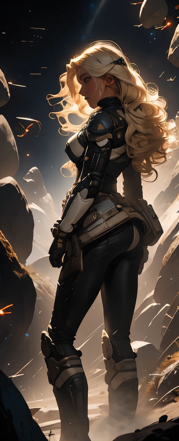 Angry sexy Blonde woman space ranger, full body shot head to toe, exploring a dry rocky almost barren ice planet, running 3/4 profile left, holding a long barrol multishot space hunting rifle, ultra blonde white hair, wavy hair, curly hair, sexy hair, large breasts, wearing ultra dusty wornout clothing, convertable helmet visor down showing ultra beautiful mezmerising face, she is wearing a dry dusting looking leather retro hunting outfit consisting of long brown overcoat leather space ranger form fitting body suit and small amounts of future clothing and space tech, action pose hunting, 36k resolution ultra hyper detailed image, photo-realistic, dehaze, dark of night hunting a nocturnal elusive alien carnivorous animal.,space_girl,Explosive dust