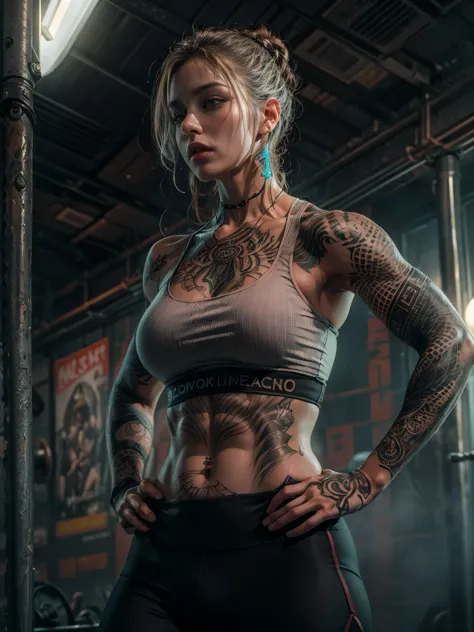((top-quality, 8K, masterpiece:1.3)),photorealistic portrait of tattooed girl , (sweating:1.5),wearing detailed sports bra and l...