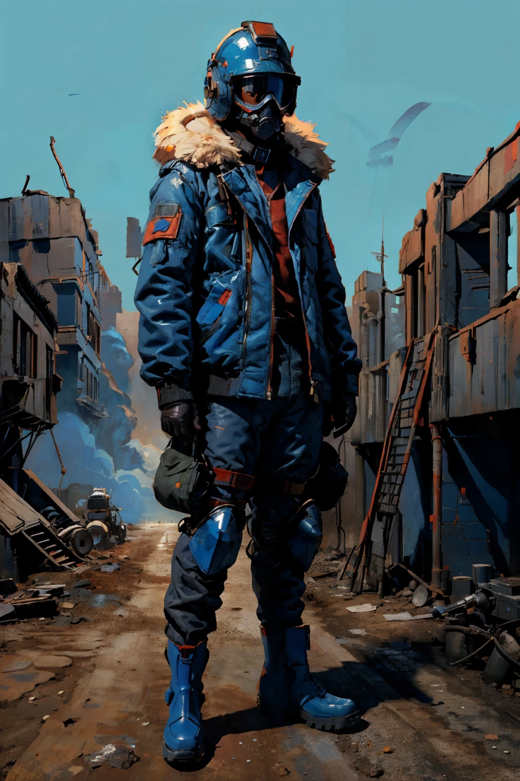 full body image, (ultra detailed,ultra high res,detailed background),((2D)),((flat color)),((muted color)), 1solo, looking at viewer, baggy flight suit, large fur collared bomber jacket, (big red galoshes), plush collar, full body image, square helmet, ((smokey blue background)), ((apocalyptic city)), entire body in frame, 