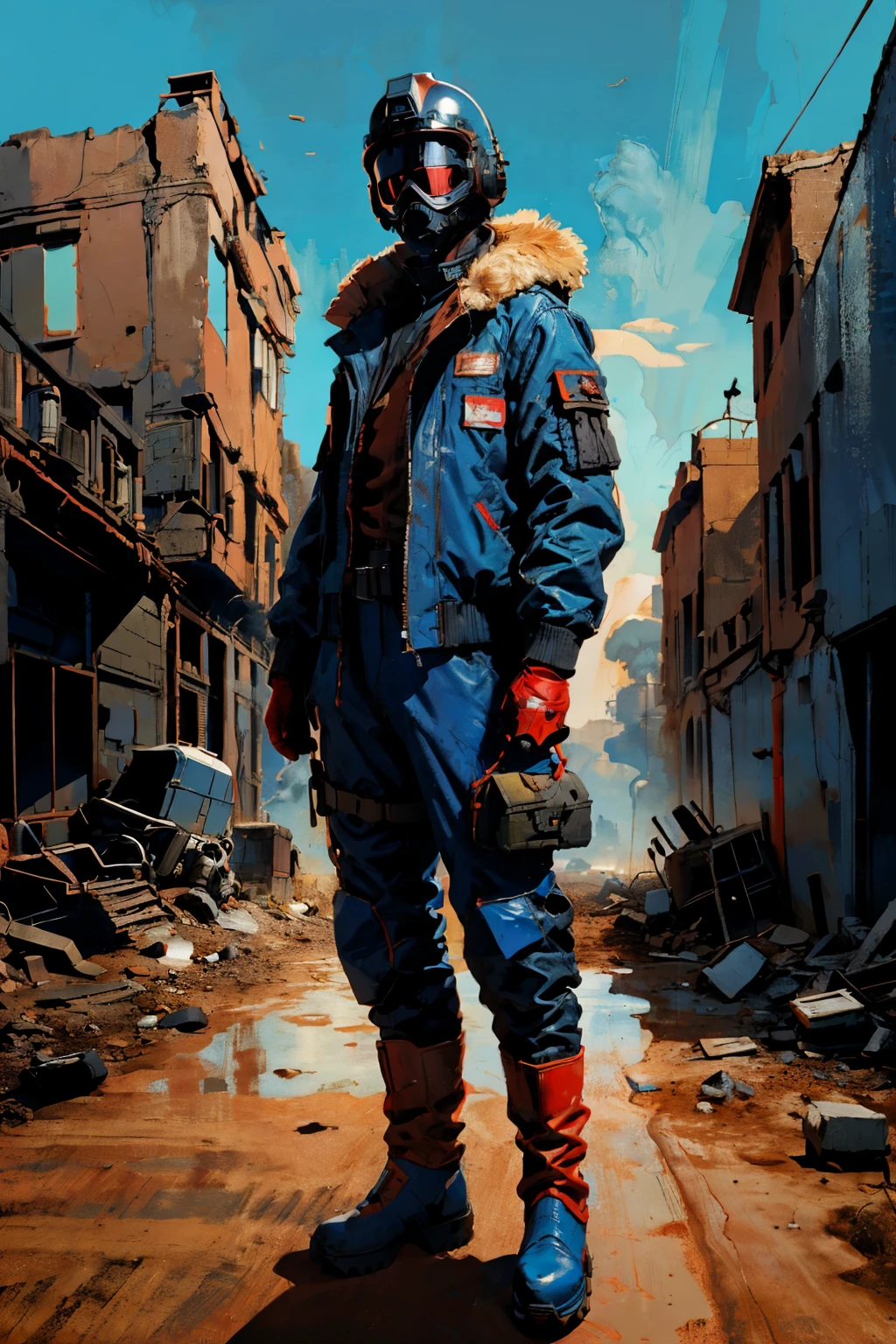 full body image, (ultra detailed,ultra high res,detailed background),((2D)),((flat color)),((muted color)), 1solo, looking at viewer, baggy flight suit, large fur collared bomber jacket, (big red galoshes), plush collar, full body image, square helmet, ((smokey blue background)), ((apocalyptic city)), entire body in frame, 