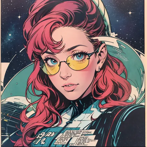 ultimate best quality,beautiful woman,speech bubble,big brest,galaxy,60s,70s,80s,colorful,cosmo,space,sunglass