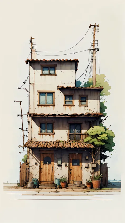 small house, unfinished sketch, watercolor on paper, (simple background:1.2)