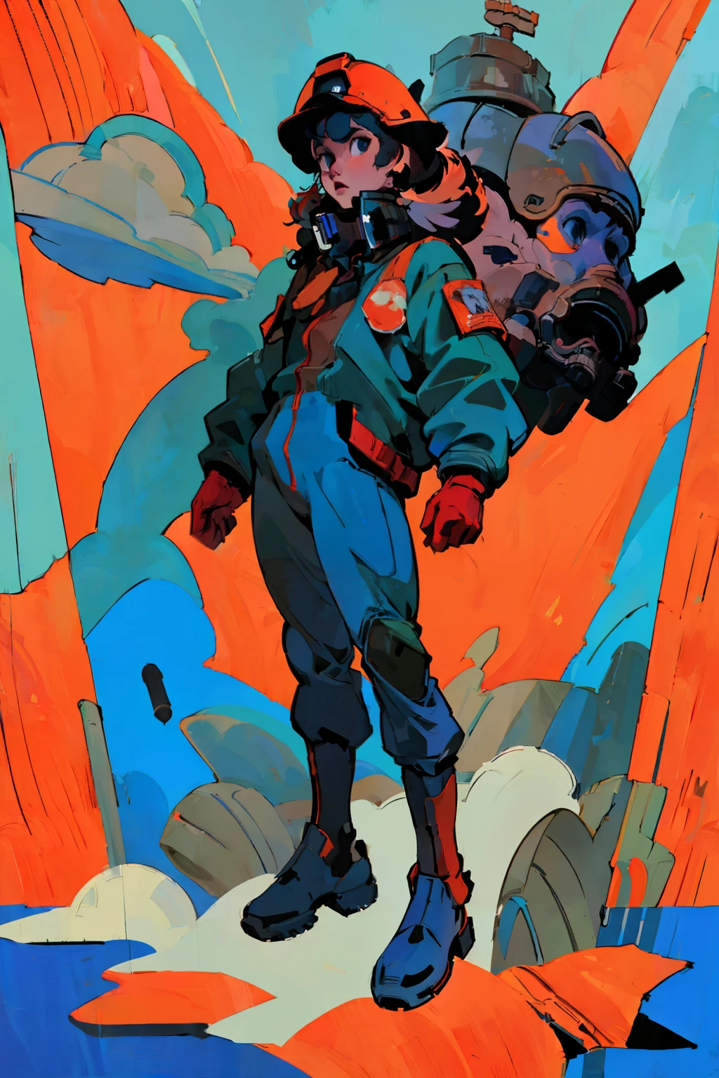 full body image, (ultra detailed,ultra high res,detailed background),((2D)),((flat color)),((muted color)), 1solo, looking at viewer, baggy flight suit, large fur collared bomber jacket, (big red galoshes), plush collar, full body image, square helmet, ((smokey blue background)), ((apocalyptic city)), entire body in frame, 