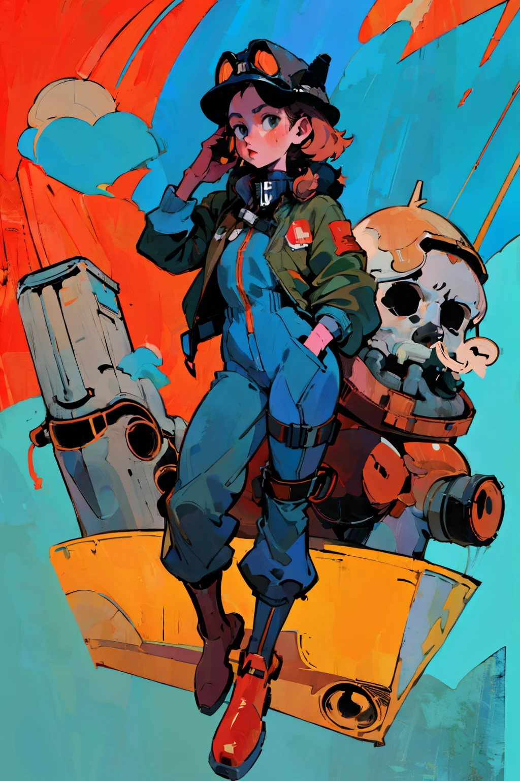 full body image, (ultra detailed,ultra high res,detailed background),((2D)),((flat color)),((muted color)), 1solo, looking at viewer, baggy flight suit, large fur collared bomber jacket, (big red galoshes), plush collar, full body image, square helmet, ((smokey blue background)), ((apocalyptic city)), entire body in frame, 