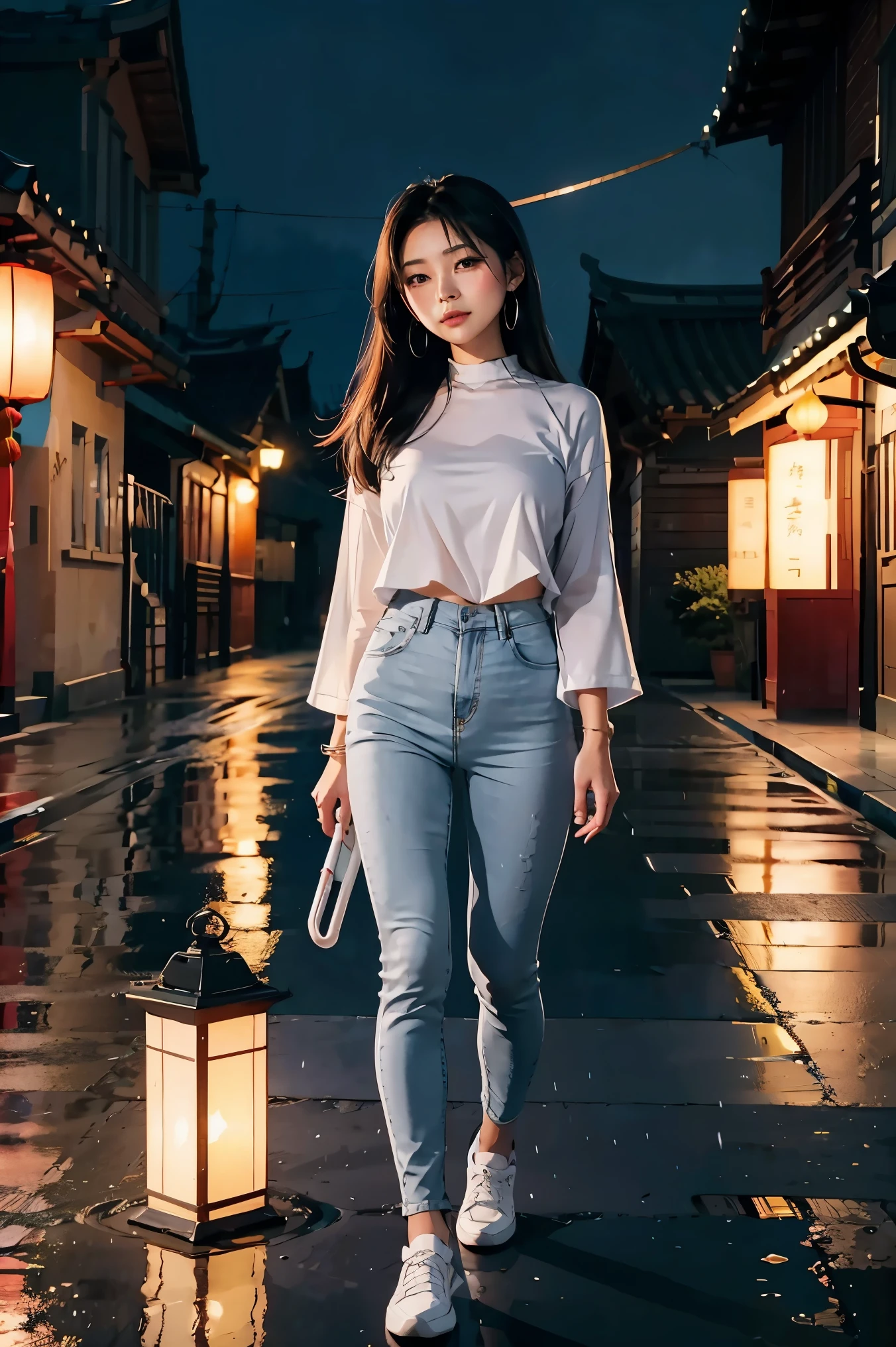 No playground chuvoso, a garota bateu no guarda-chuva acima da cabeça, e segurava um guarda-chuva na outra mão, legging jeans azul, obra-prima soberba noite lua lua cheia 1 mulher mulher madura, Irmã chinesa irmã real rosto frio mostrando cabelos longos brancos prateados mulher lábios rosa claro calmo intelectual três faixas cinza estudante do ensino fundamental lanterna assassina lanterna flor bola fundo passeando cena de rua, xale de cabelo longo,