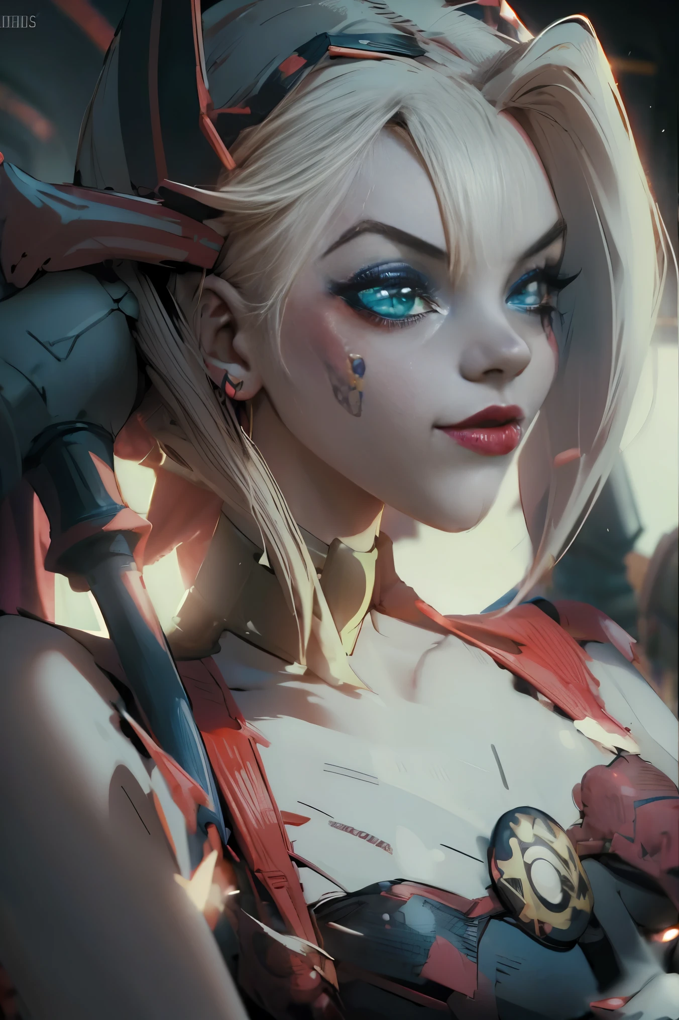 Maga oscura gils vestida de Harley Quinn. Tiene cabello rubio y negro. Ojos azules. Labios rojos. Dark magician gils is dressed as Harley Quinn. Pose sensual y inocente. Fondo de circo 