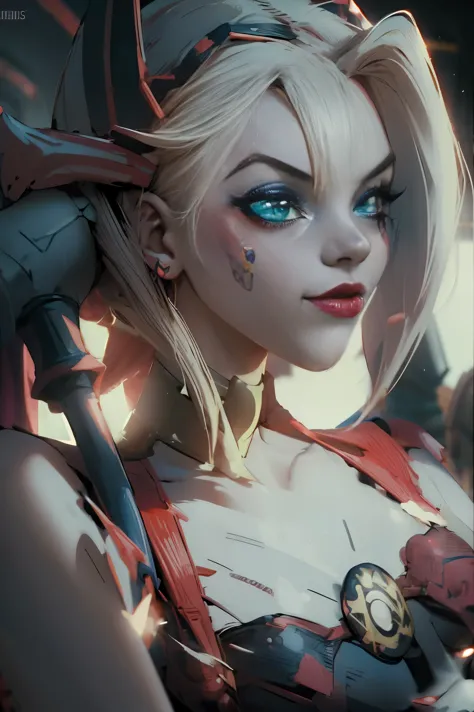 Maga oscura gils vestida de Harley Quinn. Tiene cabello rubio y negro. Ojos azules. Labios rojos. Dark magician gils is dressed ...