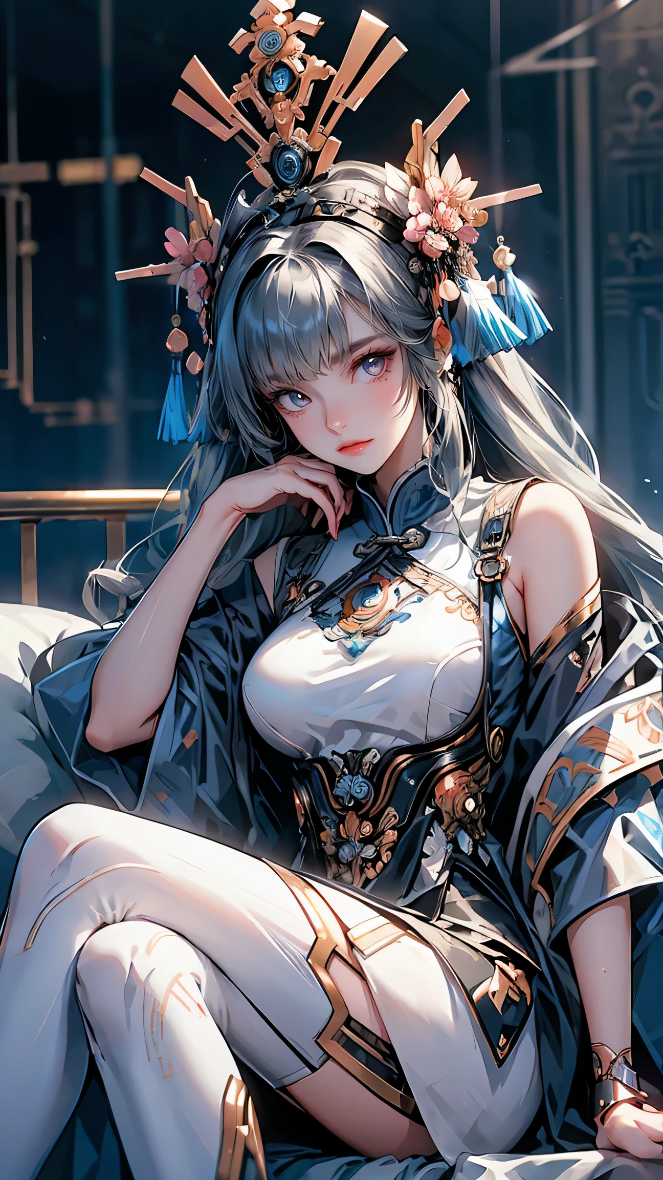 Best quality, masterpiece, ultra high res, raw photo, beautiful and aesthetic,deep shadow, dark theme,(photorealistic:1.4),
1girl, smile, chinese_clothes, sitting, in white and pink,cyberhanfu, Cheongsam, cyberpunk city, on sofa, Headdress, hair ornament, cyberpunk, a high-tech city, full of machinery and futuristic element, futurism, technology, drill hair, long hair, blonde hair, gradient hair, yellow eyes, solo, huge breasts, big hair, blue hair, tiara, divine goddess, Chinese goddess, looking at viewer, indoors, astraea,