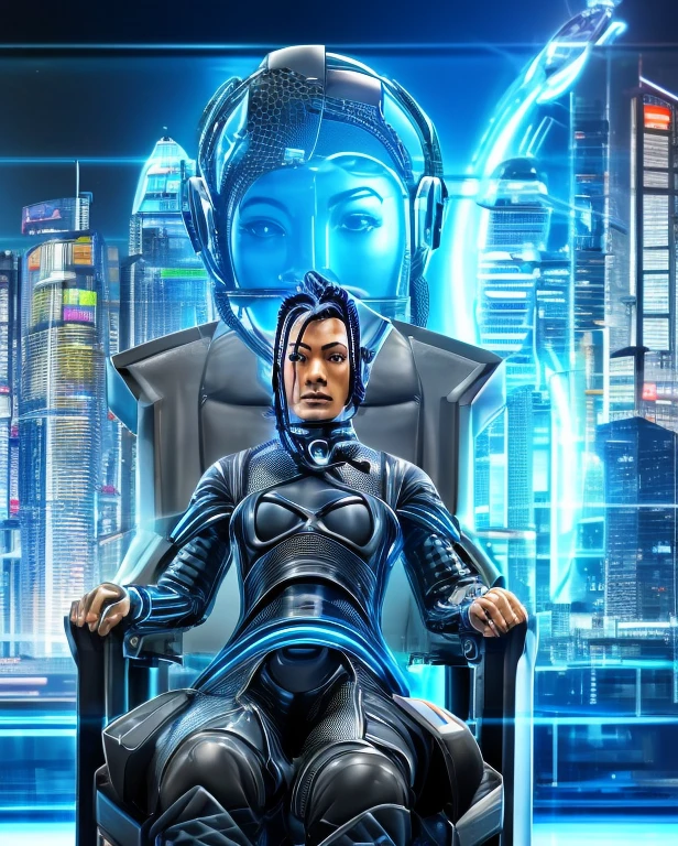 arafed woman in a futuristic suit sitting in a chair with a computer screen, a cyborg meditating, cyberpunk art ultrarealistic 8k, cyberpunk transhumanist, cybersuits, hyper-realistic cyberpunk style, cyborg woman, cyber suit, cyberpunk medusa, cyberpunk woman, cyborg girl, futuristic clothing and helmet, (cybernetic), cyberpunk women
