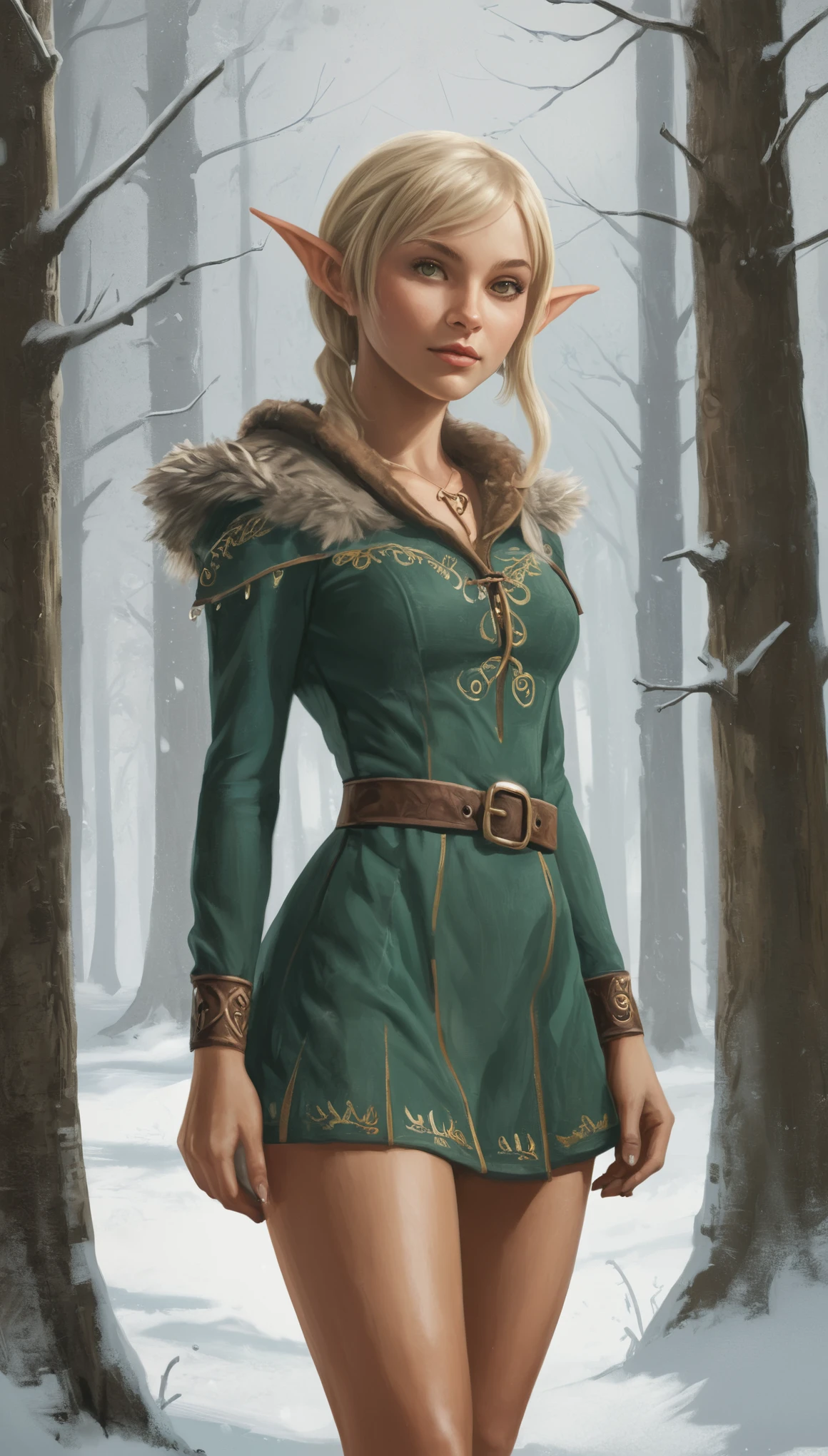 An illustrated movie poster, hand-drawn, full color, a teenage elven girl, wearing a corduroy mini-dress, sun-tanned complexion, very tall, athletic body, hourglass figure, curvy, slightly chubby, bottom-heavy, generous hips, massive bubble-butt, long legs, ridiculously thick powerful thighs, bright hazel eyes, long pointy elf ears, ash blonde hair, shaggy bob, posing in a snowy forest, hard shadows, graphite shading, stencil marks, airbrushed acrylic paint, masterpiece, in the style of Grand Theft Auto V