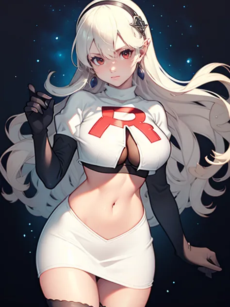 defCorrin, black hairband ,earrings, glossy lips , Team rocket, team rocket uniform, red letter R, white skirt,white crop top,bl...