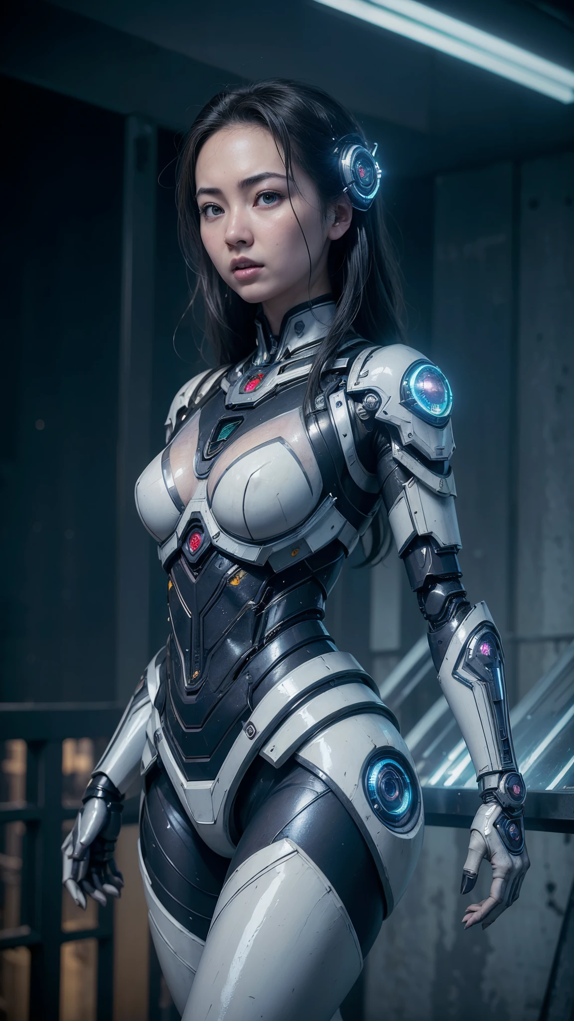 (((Jessica Henwick trägt eine futuristische Cyberpunk-Ninja-Attentäter-Rüstung, glänzende Roboter-Ninja-Rüstung )), (dynamische pose), (Meisterwerk),(Weißgraues Haar:1.4), (hyper Realist:1.4), (Realist:1.3), (Haut mit echter Textur in bester Qualität.),,(Zerstörter Kerkerruinenhintergrund:1.4 ),  (filmische Beleuchtung), (Filmszene), 1Schöne Frau, (Helles Licht), sehr detaillierte Haut, poros de la piel, (Sehr detailliertes Gesicht:1.1), (sehr detaillierte Augen:1.1), alumnos Realists, (perfekte Anatomie:1.1), (perfekte Proportionen:1.1), (Fotografie:1.1), (photoRealist:1.1), Volumetrische Beleuchtung, dynamische Beleuchtung, echte Schatten, (hohe Auflösung:1.1), Scharfer Fokus, (Realist, hyperRealist:1.4), kompliziert, Hohe Detailgenauigkeit, dramatisch, Untergrunddispersion, große Schärfentiefe, lebendig, pulido, scharf, ((voll akut)), (extrem absurd),8KHDR, ((Cyberpunk-Hintergrund der Stadt Hongkong)), (Jessica Henwick:1.4), (Jessica Henwick V2.1), (mechanischer Cyborg transparentes weißes Glas :1.4), (helle Farben), (Rückansicht, Rückansicht),,(Finger perfekt, Hände detailliert : 1.4), ,(Zerstörter Kerkerruinenhintergrund tenebroso :1.4 ),( zeigt ihren schönen Hintern:1.4) 