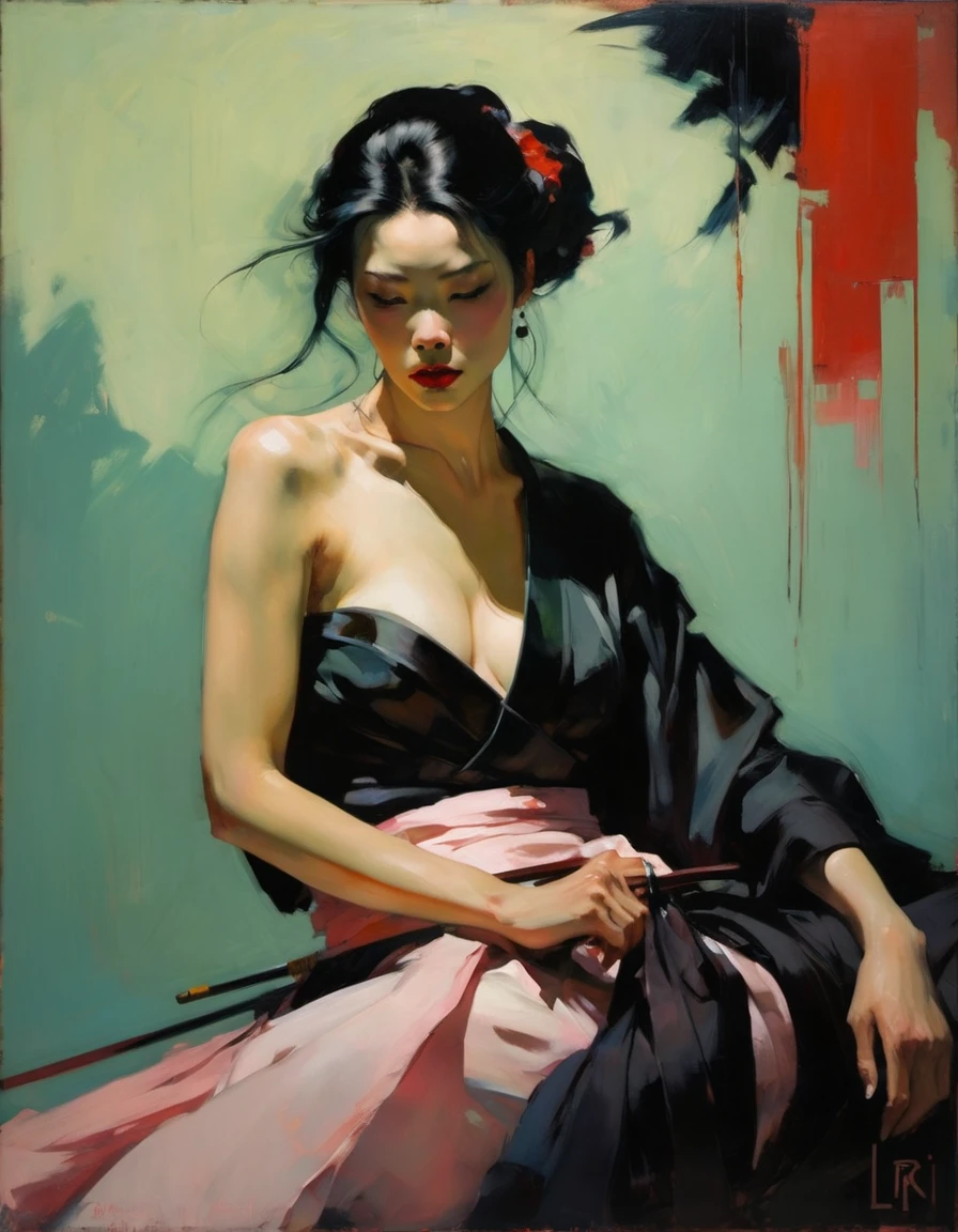 malcolm liepke painting on sensual illustration of an elegant samurai, riot games concept art beauty, eerie, the model draped in flowing, thick oil painting, extremely soft colors, vibrant, highly detailed, , oil on linen,  high contrast, dramatic, refined, tonal, Create high contrast between light and shadow