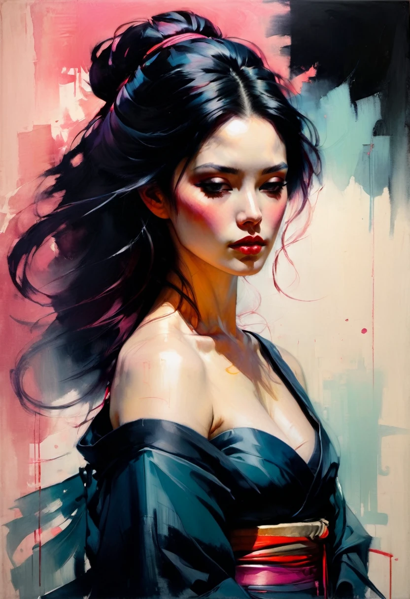 malcolm liepke painting on sensual illustration of an elegant samurai, riot games concept art beauty, eerie, the model draped in flowing, thick oil painting, extremely soft colors, vibrant, highly detailed, , oil on linen,  high contrast, dramatic, refined, tonal, Create high contrast between light and shadow