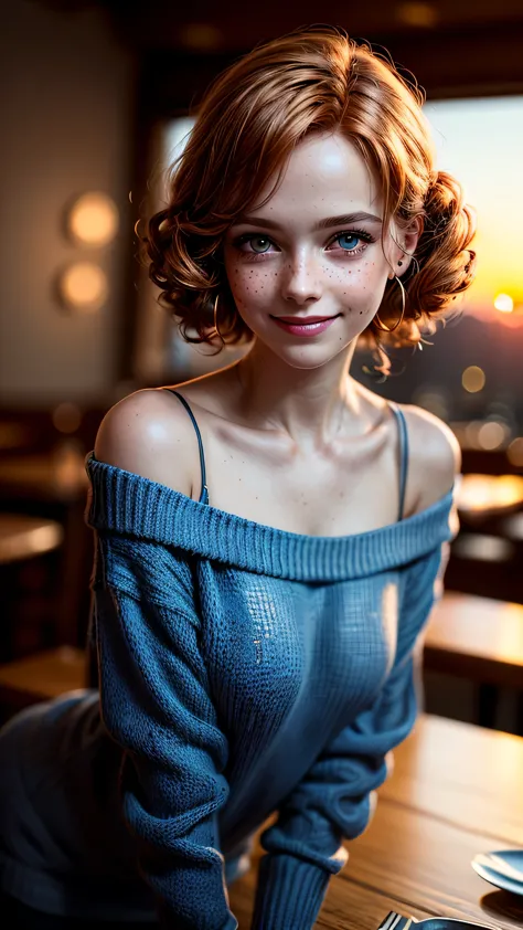 (masterpiece), (extremely intricate:1.3), (realistic), (((portrait, closeup, joyful, smiling) short curly Ginger barbie girl, cl...