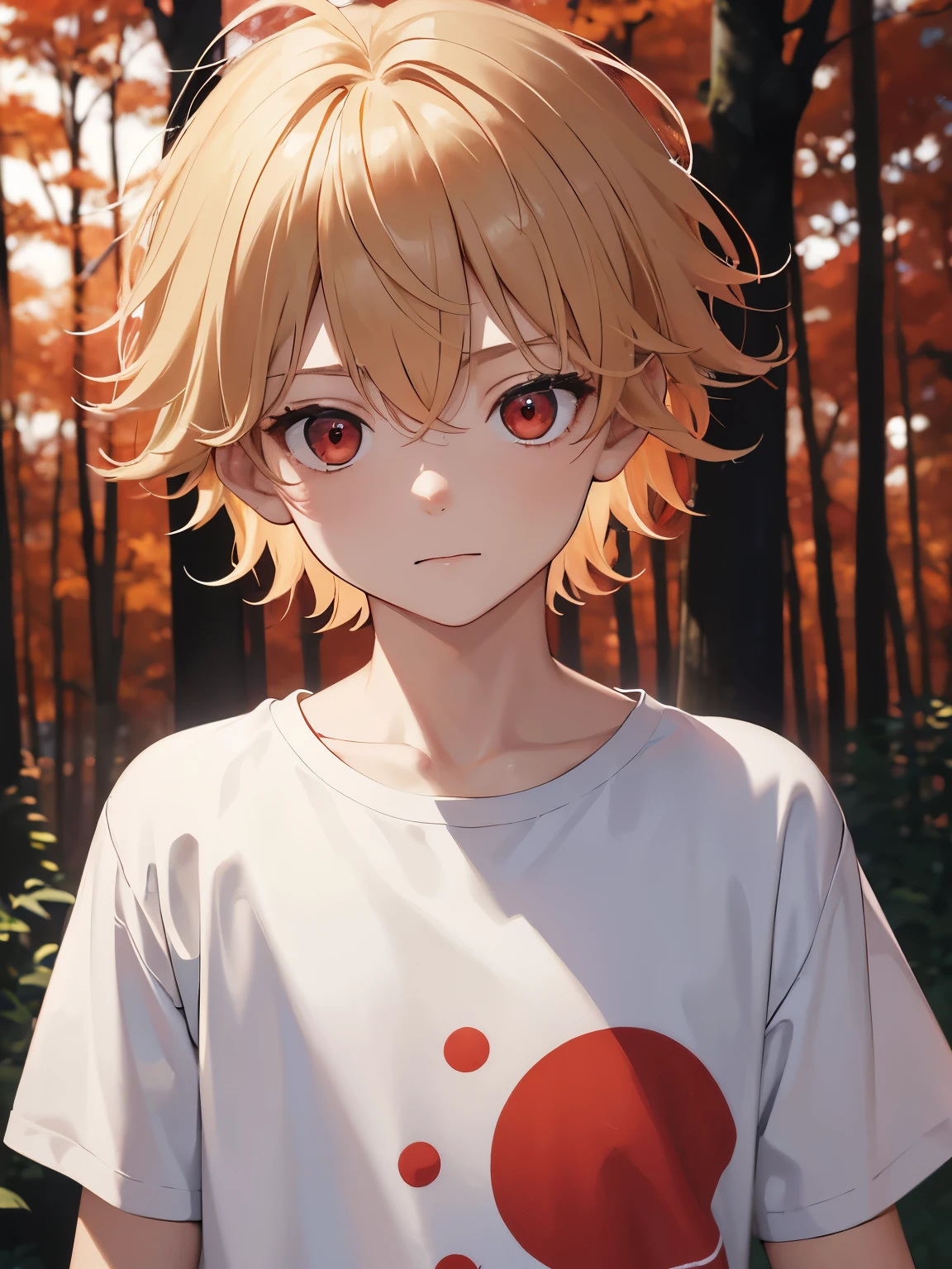 1 boy,guy,5 years old,Walk,Red tree background,closed mouth,Short blonde hair,cool,messy hair,Hands crossed, wearing White t-shirt,plain t-shirt,white shorts,red eyes, bright red eyes,Plain t-shirt,In the forest, at night,half body photo