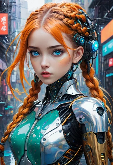 ((cuerpo completo)), robot humanoide femenino totalmente mecanico de cuello para abajo y con la cara verde claro, con partes abi...