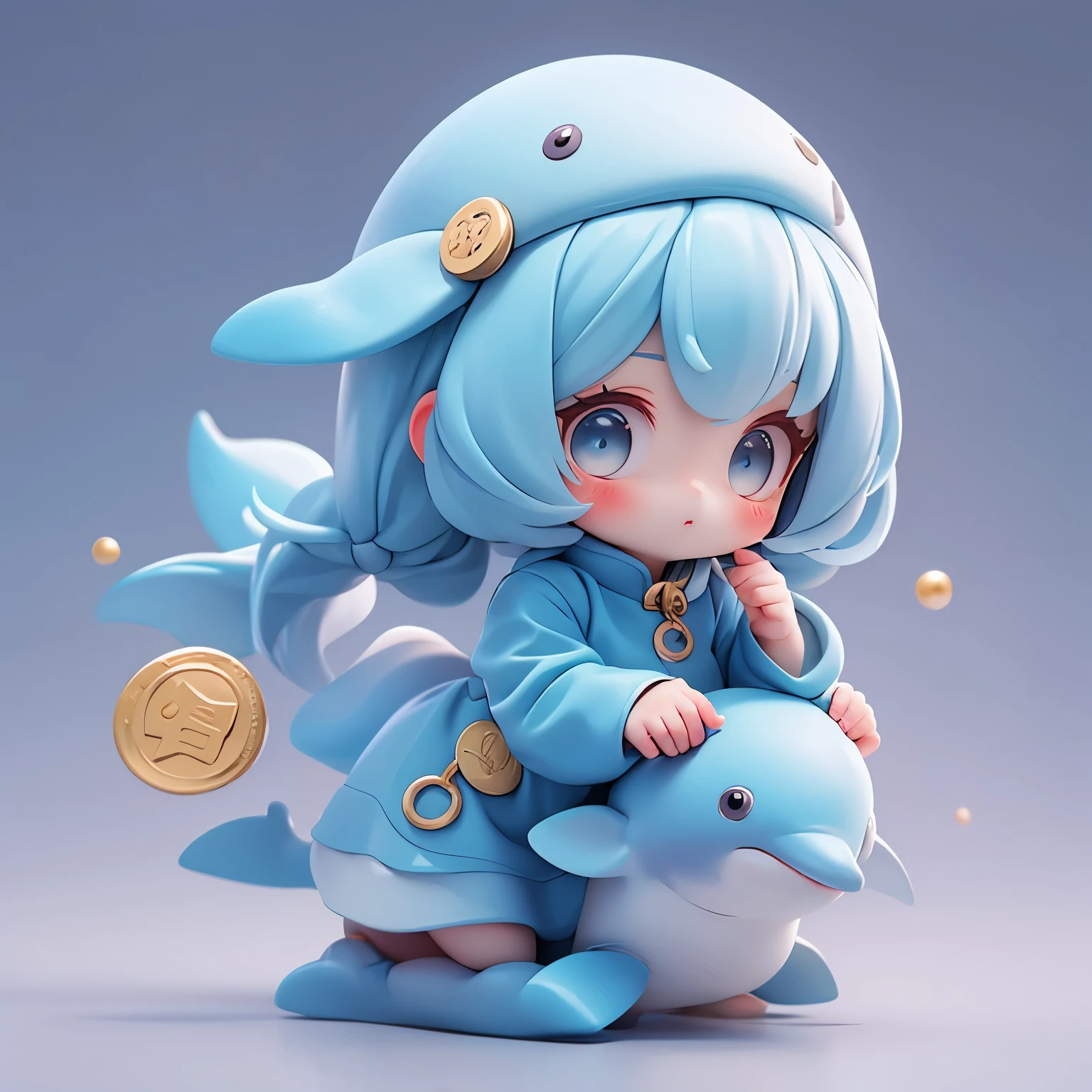 Matte blind box，Cute dolphins，Red cheongsam，Simple background，Small gold coins,best quality,Blue Eyes,Little Dolphin
