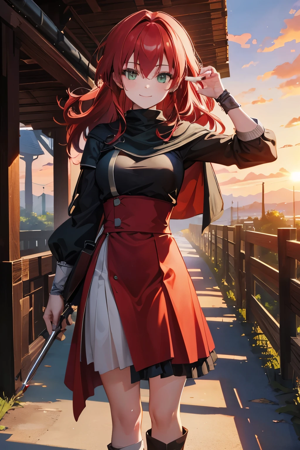 8k wallpaper, masterpiece, movie lighting, medieval setting, Beautiful female rogue with red hair and greenish eyes walking on a winding road with a smile on her face, sunrise with clear skies background