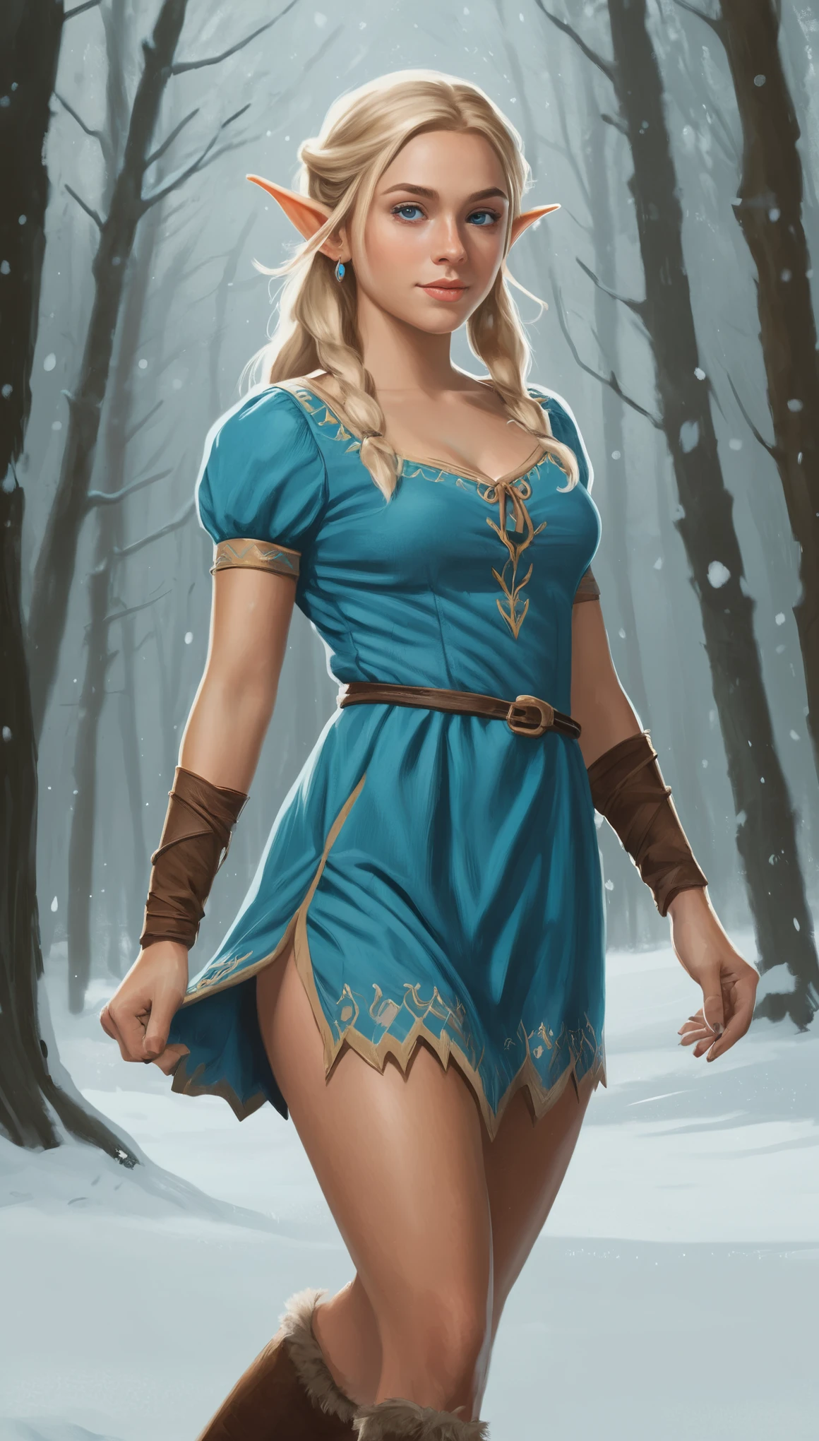 An illustrated movie poster, hand-drawn, full color, a teenage elven girl, wearing a corduroy mini-dress, sun-tanned complexion, very tall, athletic body, hourglass figure, curvy, slightly chubby, bottom-heavy, generous hips, massive bubble-butt, long legs, ridiculously thick powerful thighs, bright blue eyes, long pointy elf ears, ash blonde hair, long loose waves, posing in a snowy forest, hard shadows, graphite shading, stencil marks, airbrushed acrylic paint, masterpiece, in the style of Breath of the Wild