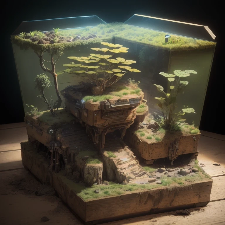 3598年Mars realistic model, (bifurcation, original photo, best quality, masterpiece:1.4),SteampunkCyberpunk6820 City,(CyberpunkMars light:1.3), Mars (related to land),(in a small atmosphere green plant landscape tank box:1.3),Isometric, small nature, landscape on foundation,landscape,