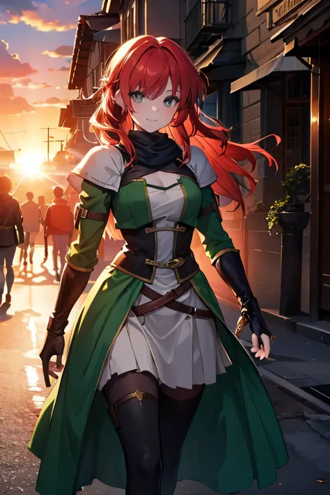 8k wallpaper, masterpiece, movie lighting, medieval setting, beautiful female rogue with red hair and greenish eyes walking on a...