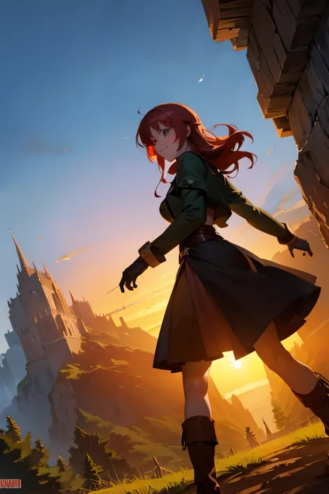 8k wallpaper, masterpiece, movie lighting, medieval setting, beautiful female rogue with red hair and greenish eyes walking on a...