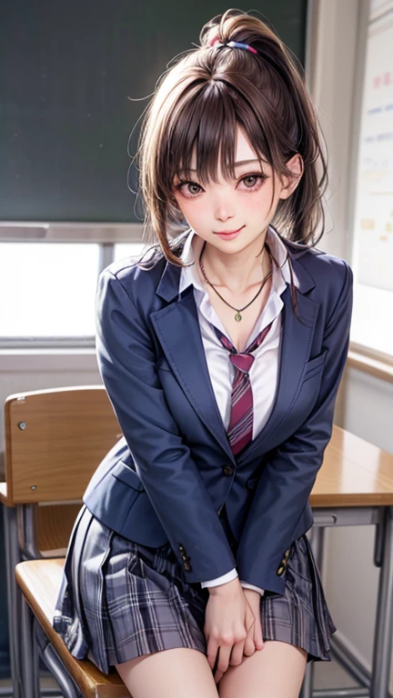 ((highest quality, 8k, masterpiece: 1.3)),((Amazing details: 1.2)),((shape: 1.1)), (Realistic, photoRealistic:1.4), Female Solo,high school girl、Shiny skin, thin, beautiful 髪, Beautiful Face, Highly detailed face, beautiful detailed 目, Beautiful clavicle, Beautiful body, Beautiful breasts, Beautiful thighs, Beautiful legs, Beautiful fingers, (High-quality fabric, (Navy Blazer), red checked tie, A white shirt with a long sleeve and a collar, Grey plaid pleated skirt), Black socks, , (Beautiful views), morning, (classroom) 、Sitting at a desk,,ponytail、 Long eyelashes, Solid Circle Eye, Captivating smile、blush:1.4、tongue、Cleavage:1.3、necklace、Close one eye、Wink、Sit flat on the floor、