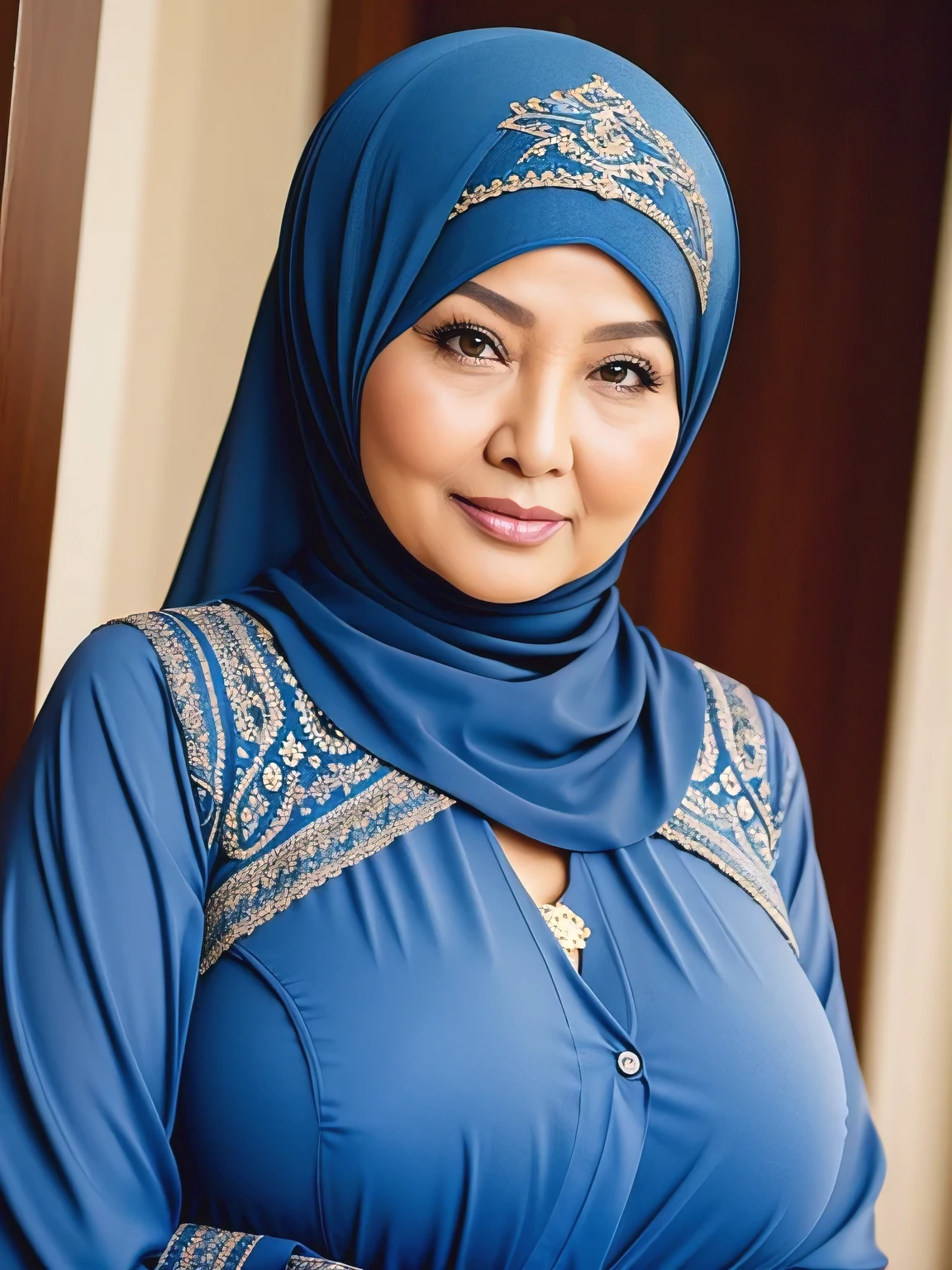 A woman wearing a blue hijab and a blue dress - SeaArt AI