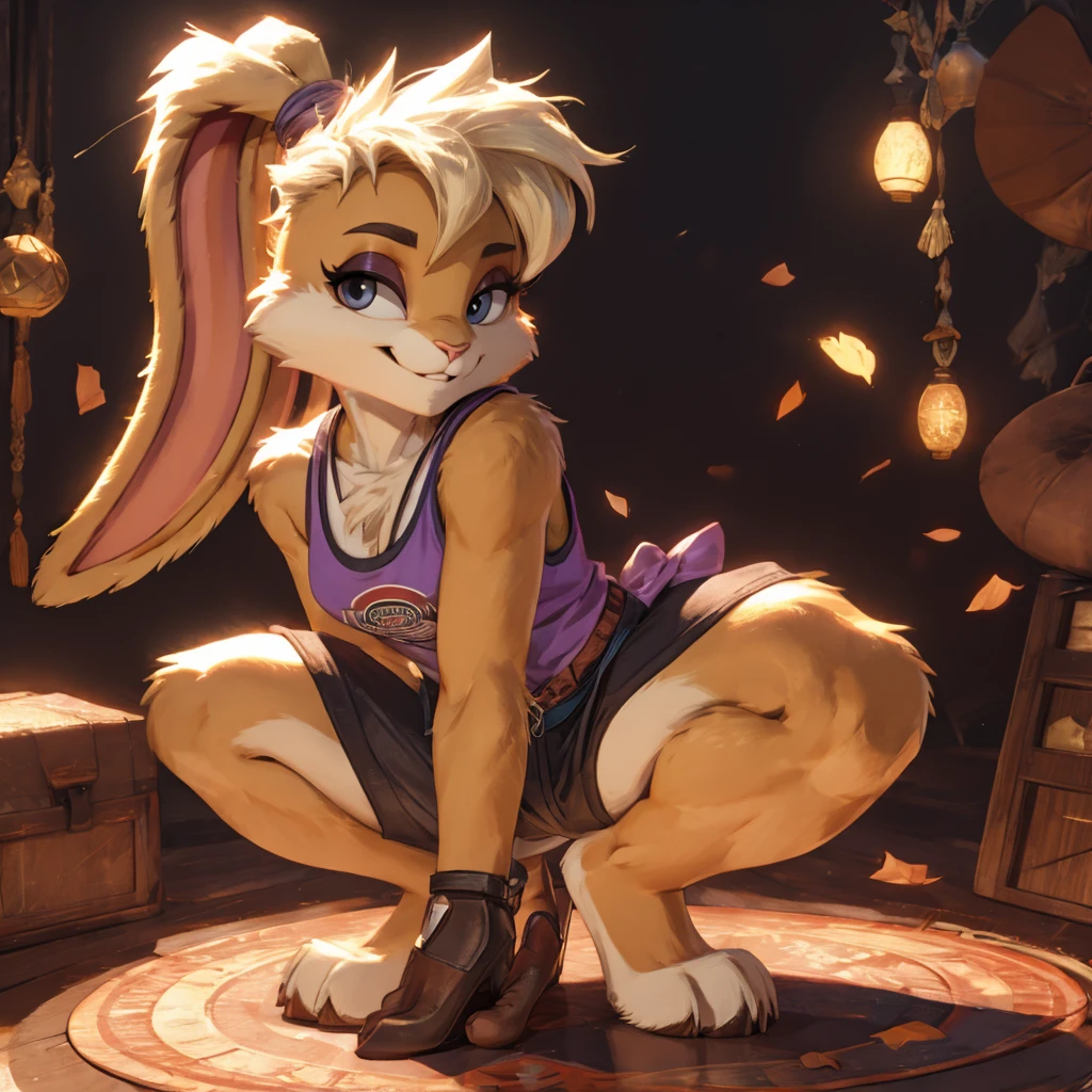 LolaTLTS, furry,animal nose, rabbit ears, black eyes, ponytail, hair tie, two-tone fur, gloves, blonde hair, eyelashes, thick thighs, purple dress, sleeveless, looking at viewer, smiling, wearing black shorts, squatting down, 