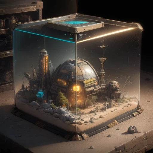 3598年Mars realistic model, (bifurcation, original photo, best quality, masterpiece:1.4),SteampunkCyberpunk6820 City,(CyberpunkMars light:1.3), Mars (related to land),(in a small glass tank box:1.3),Isometric, small nature, landscape on foundation,landscape,