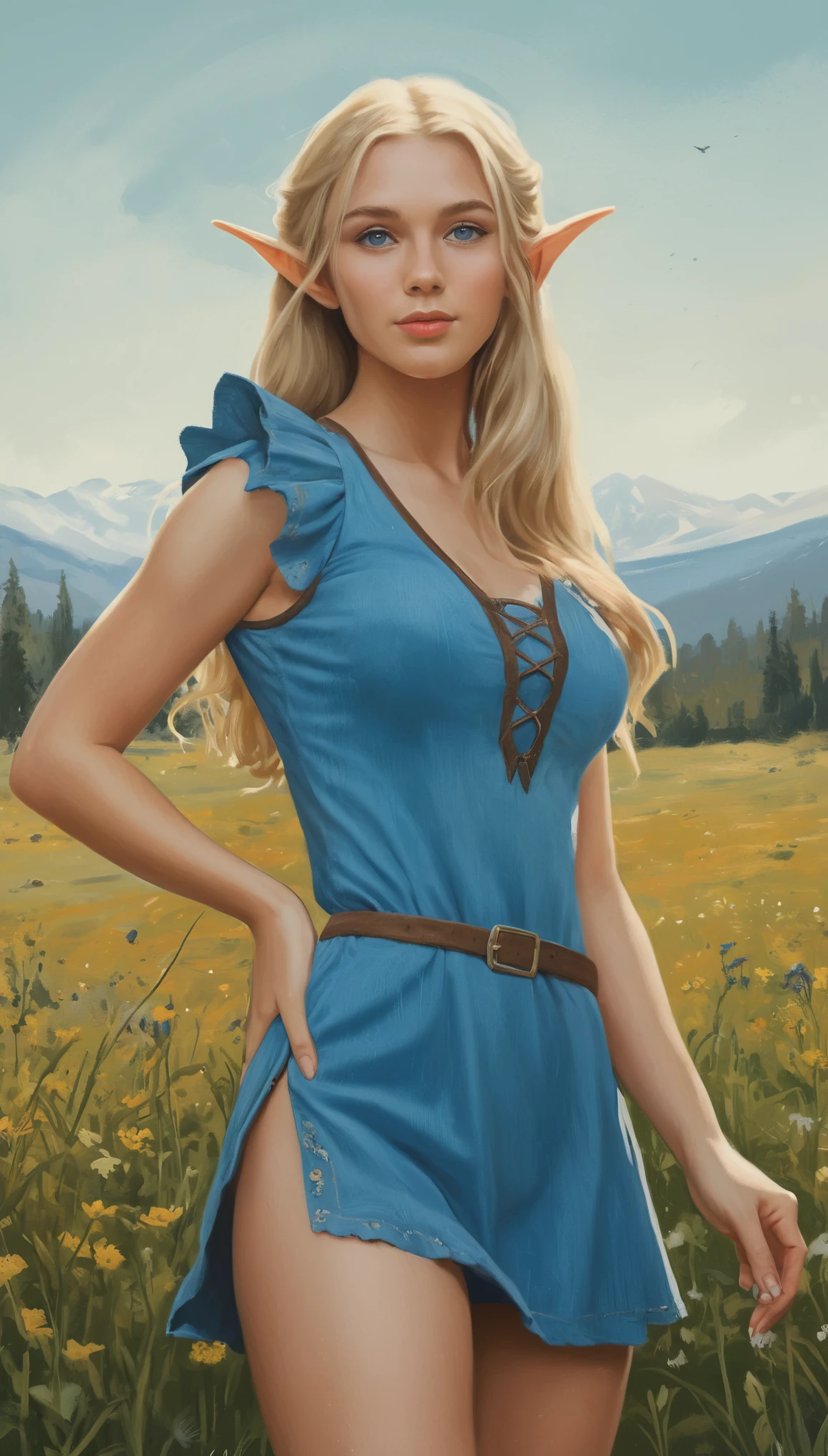 An illustrated movie poster, hand-drawn, full color, a teenage elven girl, wearing a corduroy mini-dress, sun-tanned complexion, very tall, athletic body, hourglass figure, curvy, slightly chubby, bottom-heavy, generous hips, massive bubble-butt, long legs, ridiculously thick powerful thighs, bright blue eyes, long pointy elf ears, ash blonde hair, long loose waves, posing in a meadow of wildflowers, hard shadows, graphite shading, stencil marks, airbrushed acrylic paint, masterpiece, in the style of Lord of the Rings 